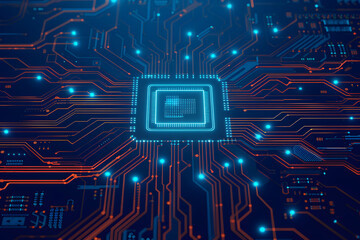 Sticker - Abstract AI circuit board background. Technology connected blue lines with electronics elements on tech bg. Computer motherboard with a chip, processor, and semiconductor. Digital vector illustration