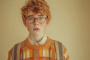 Wall Mural -  Studio portrait of a young boy in a superhero costume, messy brown hair and freckles, hands on hips, isolated on red background, professional photography