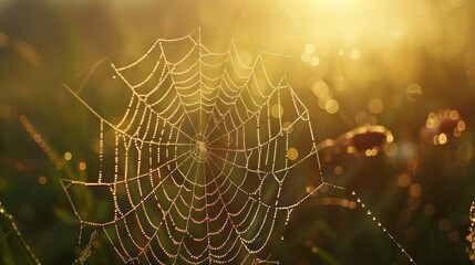A spider web is shown in a field with a bright sun shining on it