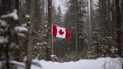 Wall Mural - Canada Independence Day. National flag in the wind in a snowy spruce forest. AI generated.