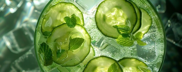 Poster - A futuristic hologram displaying a refreshing glass of cucumber water, featuring vibrant colors and digital effects