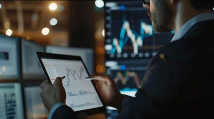 Poster - A businessman analyzing stock market data on a digital tablet in a modern office setting.