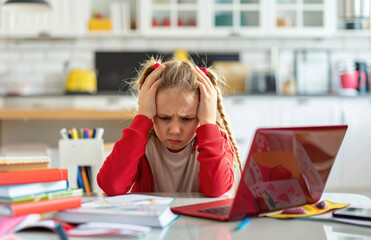 Wall Mural - A little girl sitting at the table with her head in hands, crying and wearing red . She is doing homework on top of an open laptop computer that sits next to it.