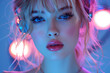 © Evhen Pylypchuk - A photo of a cute girl model wearing headphones, featuring a bokeh effect and a cyberpunk style