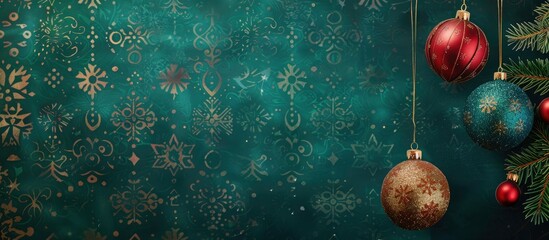 Wall Mural - Christmas balls banner with copy space. Christmas greeting card with a dark green Christmas pattern background. Christmas colorful balls, Christmas banner