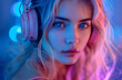 © Evhen Pylypchuk - A photo of a cute girl model wearing headphones, featuring a bokeh effect and a cyberpunk style