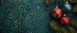 © Divine123victory - Christmas balls banner with copy space. Christmas greeting card with a dark green Christmas pattern background. Christmas colorful balls, Christmas banner