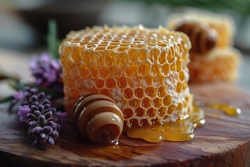 Fresh Honeycomb With Lavender Flowers on Wood Cutting Board