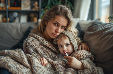 Wall Mural - A mother is sitting on the sofa with her daughter, who has an alcohol display and she appears sick or ill as they both have colds in their eyes