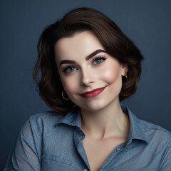 Wall Mural - brunette woman with red lipstick in navy blue shirt