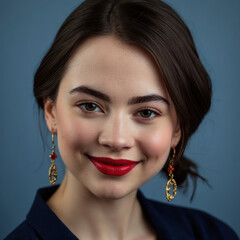 Wall Mural - brunette woman with red lipstick in navy blue shirt