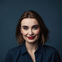 Wall Mural - brunette woman with red lipstick in navy blue shirt