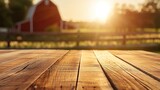 a close up of a rustic empty wooden table with blurred farm background