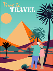 Travel poster, advertising banner with senior tourist couple travelling in Egypt. Man and woman standing rear view, looking to Giza pyramids. Colorful vector illustration. 