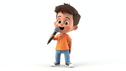 Canvas Print - Happy cartoon boy singing with a microphone.