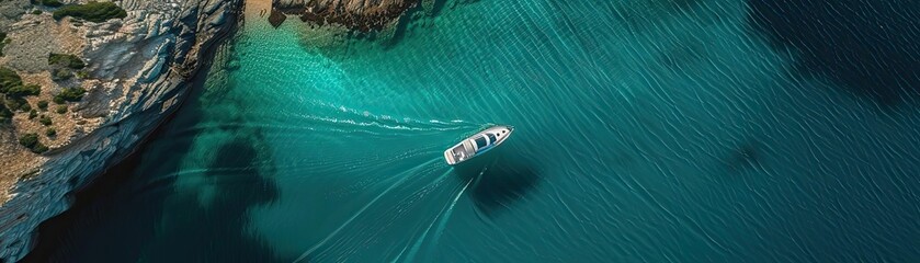 Wall Mural - Aerial view of a white boat cruising on clear turquoise waters near a rocky coastline, leaving trails behind. Perfect for travel and maritime themes.