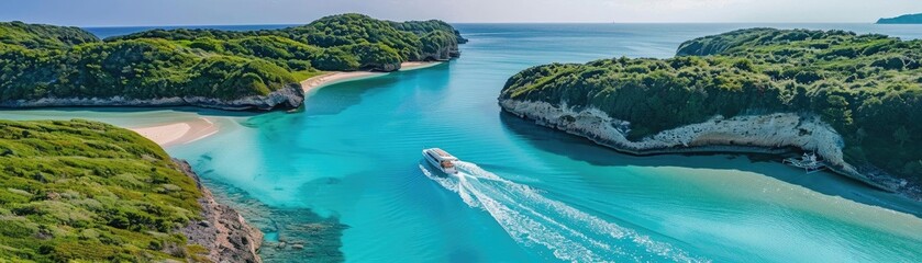 Poster - Aerial view of a stunning turquoise bay with a boat cruising between lush green islands under a clear blue sky, perfect for travel and nature enthusiasts.