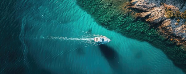 Poster - Aerial view of a boat sailing through vibrant turquoise waters near rocky shoreline, leaving a serene wake behind.