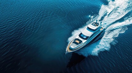 Wall Mural - A top-down view of a luxury yacht cruising through the ocean, leaving a trail in its wake. Ideal for travel and marine-themed projects.