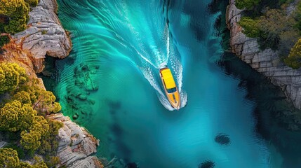 Wall Mural - Aerial view of a yellow boat cruising through a stunning turquoise canyon surrounded by rocky cliffs and lush greenery.