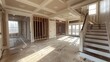 © svastix - Light-filled luxurious house interior mid-construction with wooden structures and protective covering