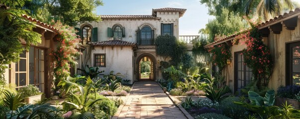 Wall Mural - Mediterranean villa with lush gardens.