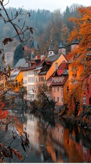 Poster - Picturesque town with colorful buildings reflected in a river