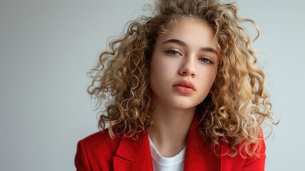 Wall Mural - A woman with curly hair and a red jacket, standing outdoors