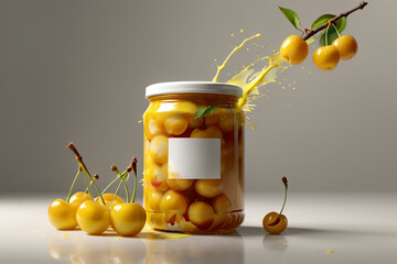 Wall Mural - canned food, ripe yellow cherries canned in jars