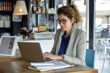 Wall Mural - businesswoman working on laptop at a cafe