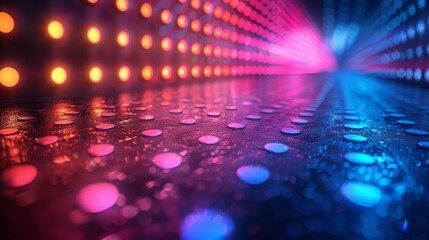 Wall Mural - A close-up perspective shot featuring illuminated LED light dots in vivid colors on a surface