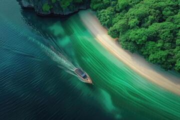 Wall Mural - Aerial view of a boat sailing along a lush green coastline with clear turquoise waters, merging into a serene sandy beach.