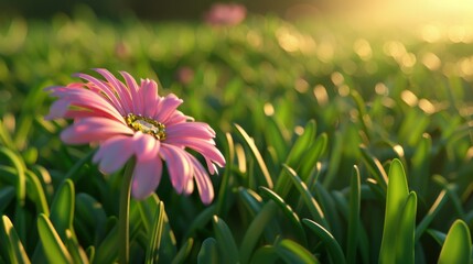 Wall Mural - Pink daisy in green grass at sunrise with dewdrops, close-up view. Nature beauty and serenity concept