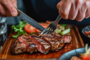 Men's hands holding knife and fork, cutting grilled steak. Hands holding fork and knife and eating delicious juicy steak on a wooden plate