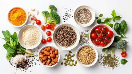 Vegetarian diet plan with fresh ingredients on white background Sustainable plant based lifestyle with close up of nutritious foods