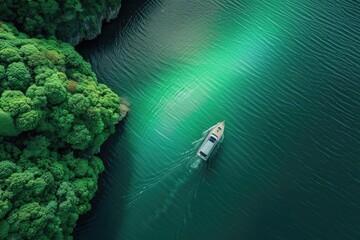 Poster - Aerial view of a motorboat sailing through emerald green waters next to a lush forested coastline under the bright sun.