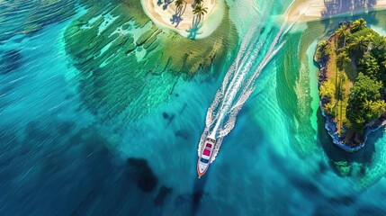 Wall Mural - Aerial view of a speedboat cruising through clear turquoise waters near tropical islands with sandy beaches and lush vegetation.