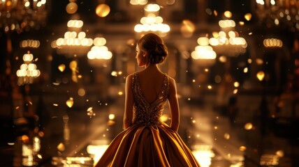 Wall Mural - Glamorous woman in an evening gown, standing in a lavish ballroom,