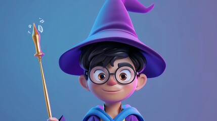 Poster - A cartoon wizard boy with a purple hat and glasses.