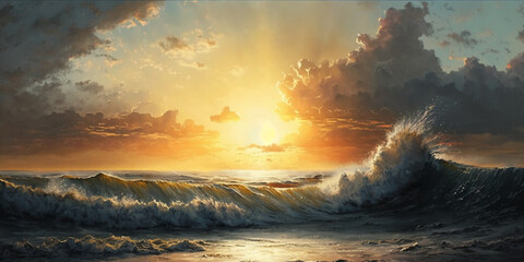 Natural composition of sun and sunset background, in the sea and waves