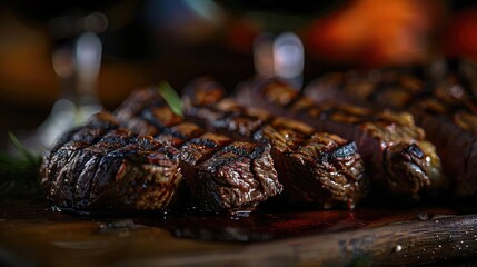 Wall Mural - Juicy, perfectly grilled steak on a wooden board. Rich, savory, and ready to be enjoyed at your next feast or gathering.