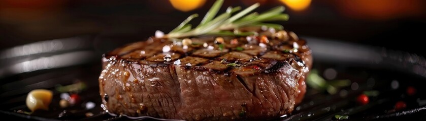 Canvas Print - Close-up of a perfectly cooked steak garnished with herbs and spices, served on a black plate with a blurred background.