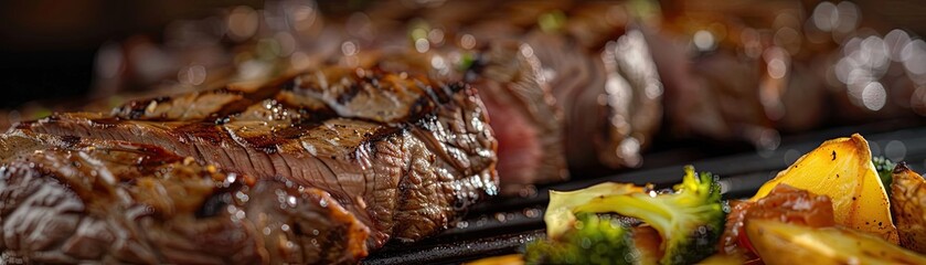 Wall Mural - Close-up of a perfectly grilled steak with vegetables, showcasing delicious juicy texture and beautiful grill marks. Perfect for food enthusiasts.