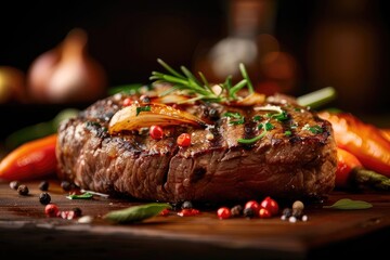Wall Mural - Perfectly cooked steak garnished with rosemary and peppercorns, served with fresh vegetables on a wooden board.