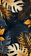 Aesthetic invitation template with tropical leaves of monstera, black and gold colors. Generative AI