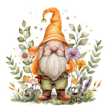 Charming gnome with orange hat and flowers, surrounded by foliage. Whimsical illustration perfect for fairy tale themes and decor.
