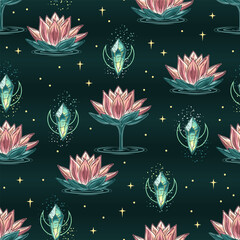 Wall Mural - Seamless mysterious pattern with lotus flower, magic glowing crystals, crescent moon, scattered stars, sparkles. Mysterious, mystical concept for meditation, clear consciousness. Vintage style.