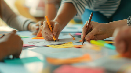 Wall Mural - close-up of a creative brief being discussed by team members, colorful highlights and notes, upper t