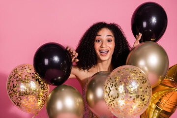 Poster - Photo portrait of attractive young woman amazed air balloons dressed stylish sequins clothes isolated on pink color background