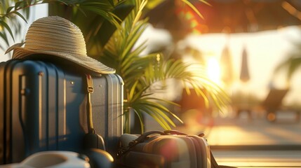 Sunlit beach scene with suitcase, hat, and travel essentials, capturing the essence of leisure and vacation getaways.